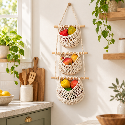3-Tier Macrame Hanging Fruit Basket Organizer