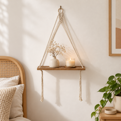 Boho Macrame Hanging Wood Shelf with Cotton Rope