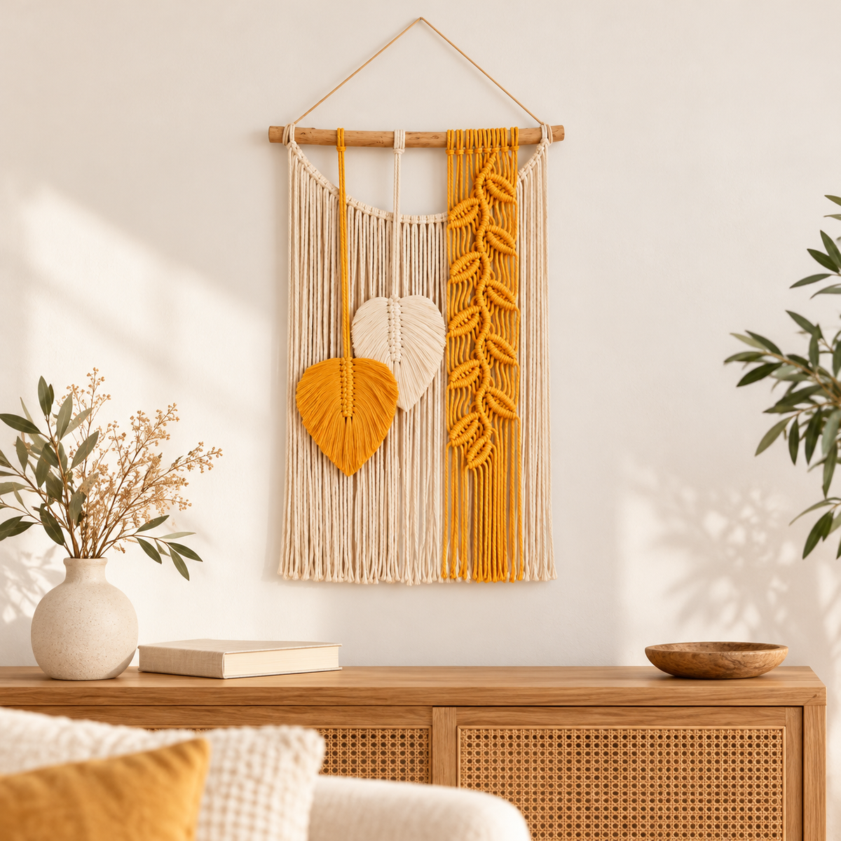 Boho Macrame Leaf Wall Hanging with Yellow and Cream Fringe