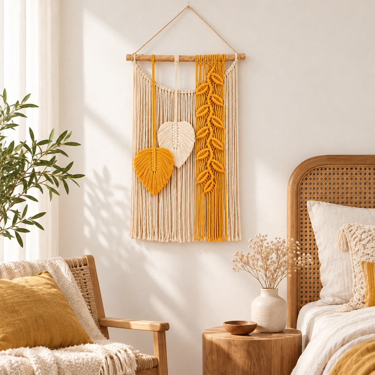 Boho Macrame Leaf Wall Hanging with Yellow and Cream Fringe