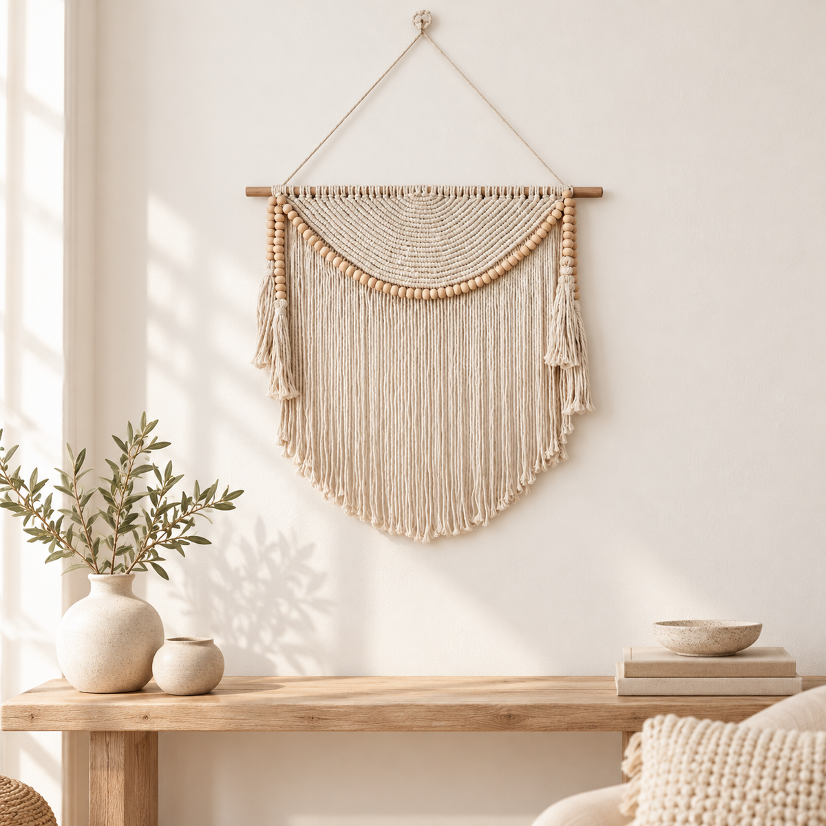 Handwoven Macrame Wall Art with Wooden Beads