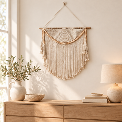 Handwoven Macrame Wall Art with Wooden Beads
